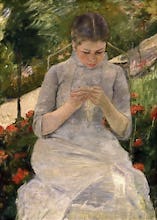 Young girl in the garden, woman sewing