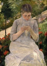 Young girl in the garden, woman sewing