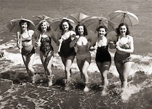 Girls with sunshades, Sandown 1951