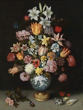 A Still Life of Flowers in a Wan-Li Vase on a Ledge with further Flowers, Shells and a Butterfly