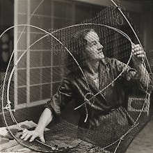 Barbara Hepworth at work on the armature of a sculpture, 1961