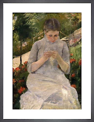 Young girl in the garden, woman sewing by Mary Cassatt