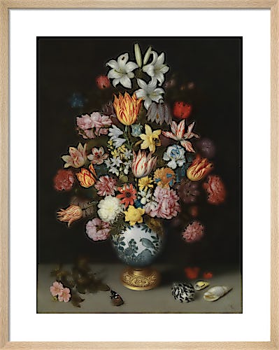 A Still Life of Flowers in a Wan-Li Vase on a Ledge with further Flowers, Shells and a Butterfly by Ambrosius Bosschaert the Elder