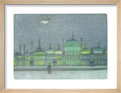 The Boy and The Snowman flying above a green-tinged Brighton Pavilion by Raymond Briggs