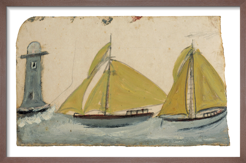 Two boats with yellow sails and lighthouse