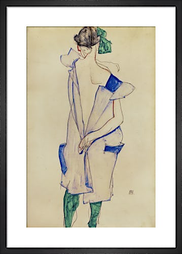 Standing girl in blue dress and green stockings, back view, 1913 by Egon Schiele