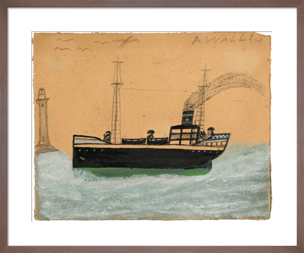 Green and black steamer, lighthouse and seagulls