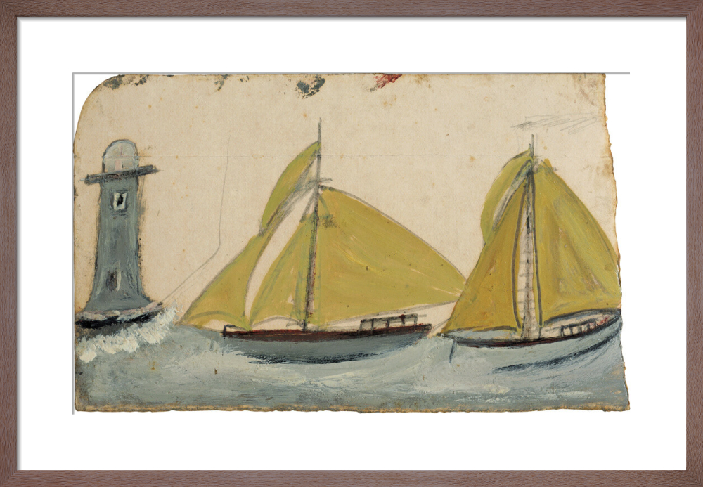 Two boats with yellow sails and lighthouse